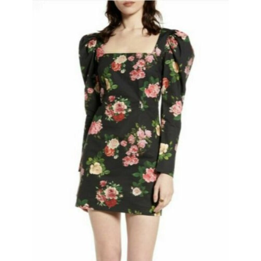 NA-KD Puff Shoulder Mini Dress Size 8 Floral Cotton Blend Black Multi EUC B58